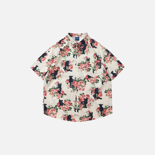 Streetwear Black Cat Floral Cool Button-Up Shirt - Luxuryurbanwear