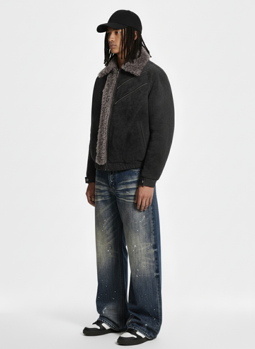Retro Suede Texture Shearling Collar Fleece Bomber Jacket - Luxuryurbanwear