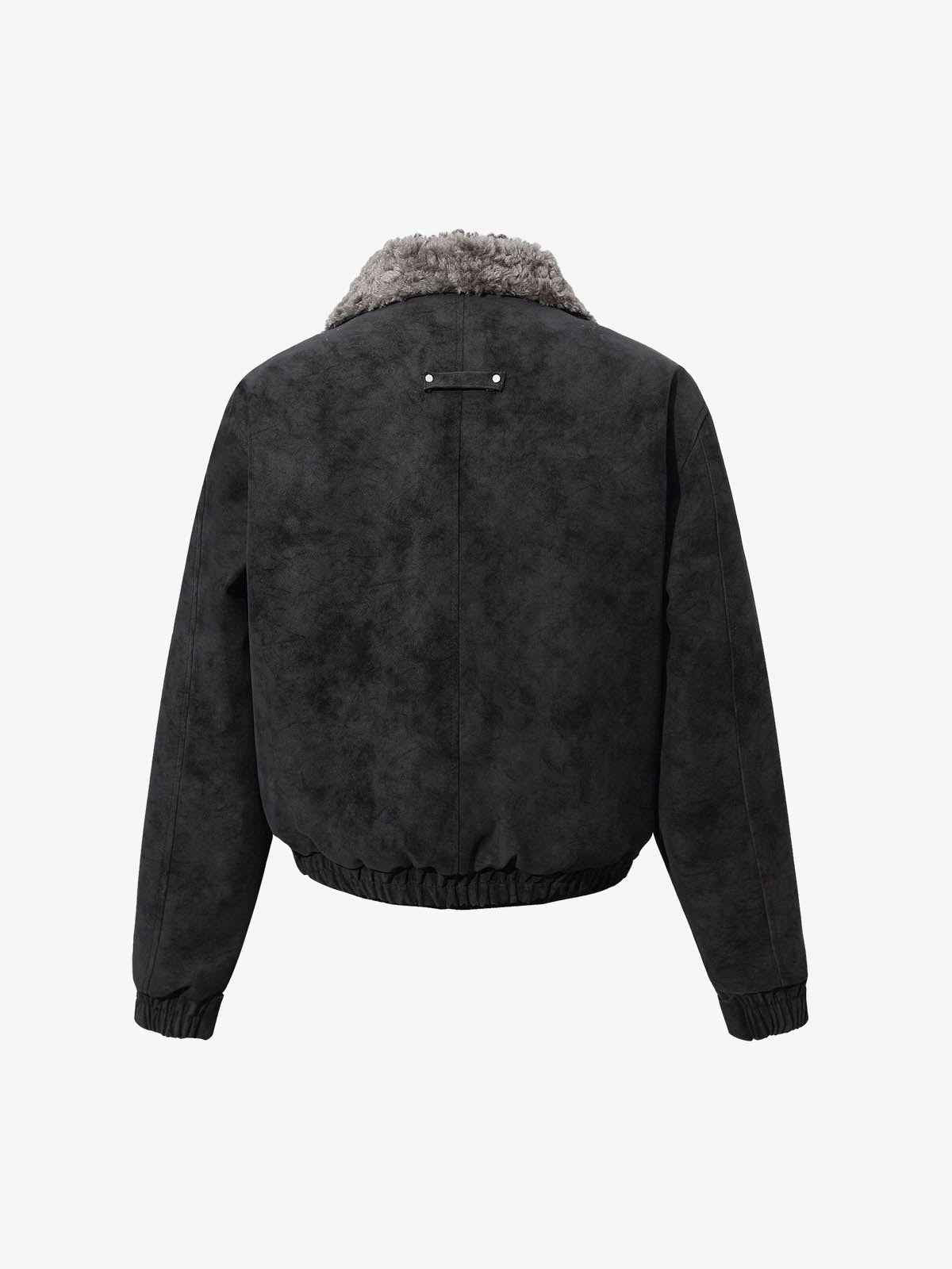 Retro Suede Texture Shearling Collar Fleece Bomber Jacket