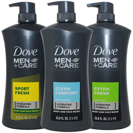 Dove Men Body Wash Variety Set of 3 Clean Comfort Extra Fresh and Sport Fresh 1 Liter Pump Bottle