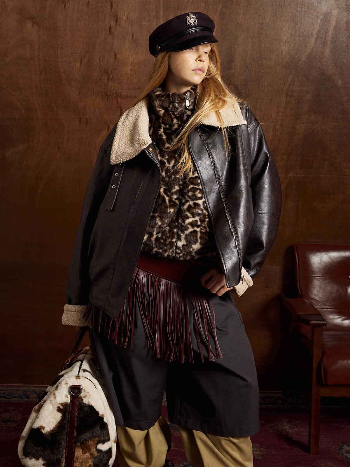 Vintage Shearling Collar Quilted Leather Jacket