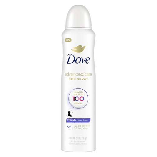 Dove Advanced Care Invisible Dry Spray Antiperspirant Deodorant No White Marks on 100 Colors Sheer Fresh 48-Hour Sweat and Odor Protecting Deodorant for Women 3.8 oz Pack of 12