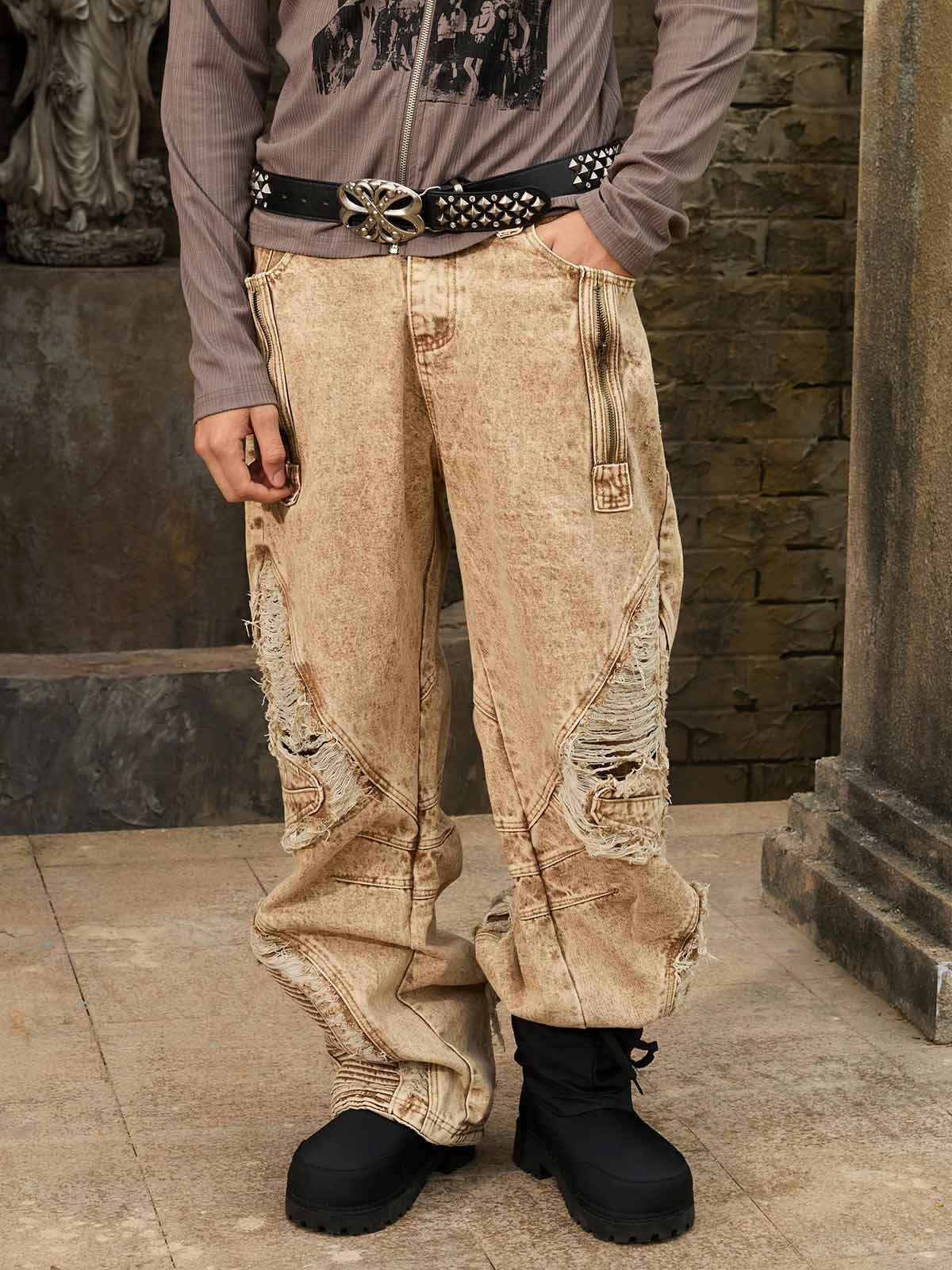 Distressed Raw-Edge Panel Sculpted Wide-Leg Jeans