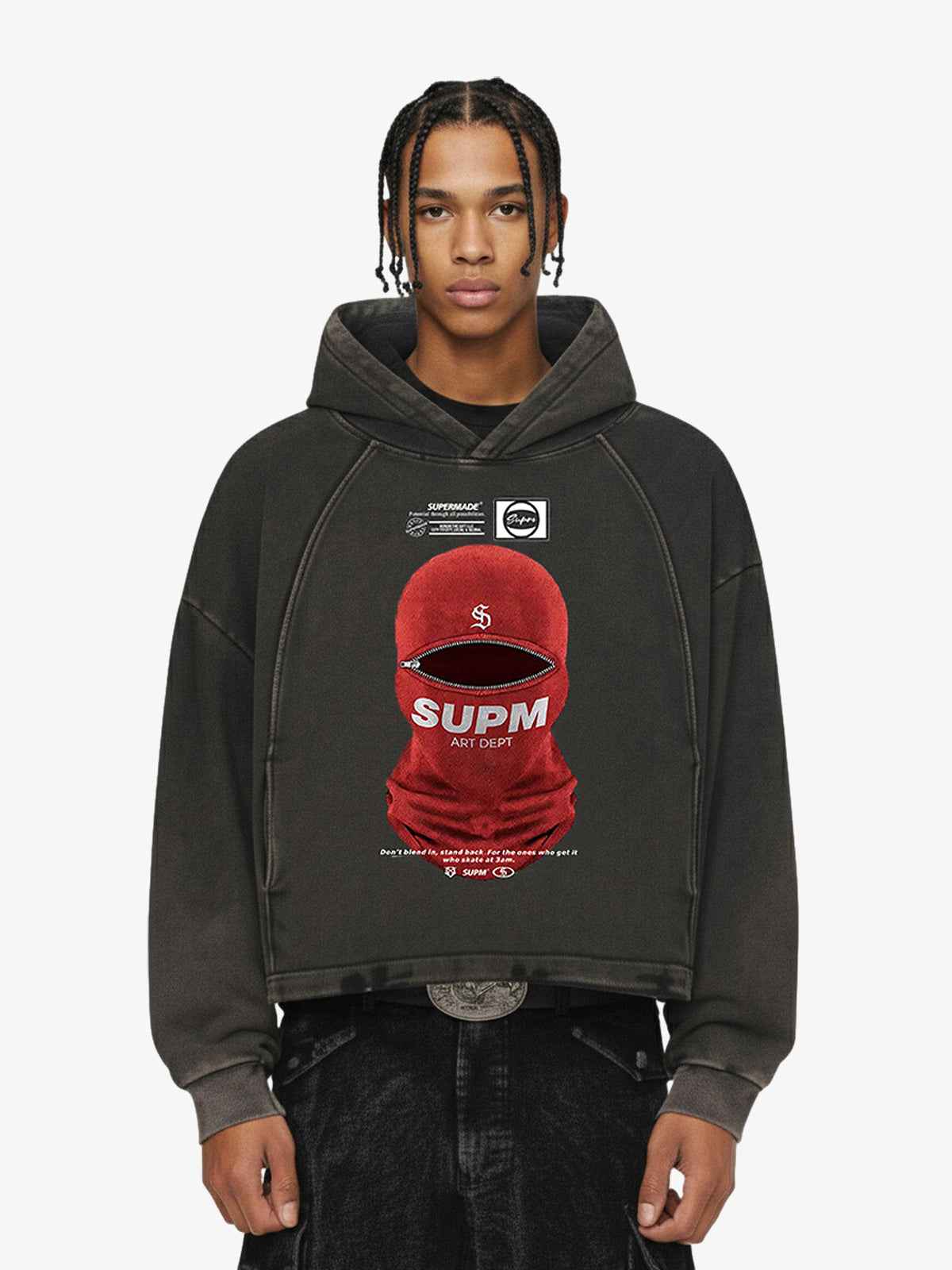 Retro Bandit Hat Graphic Distressed Cropped Hoodie