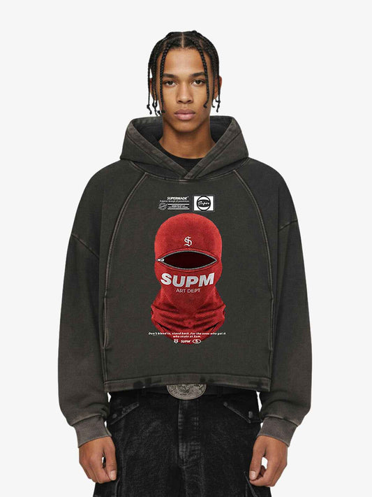 Retro Bandit Hat Graphic Distressed Cropped Hoodie