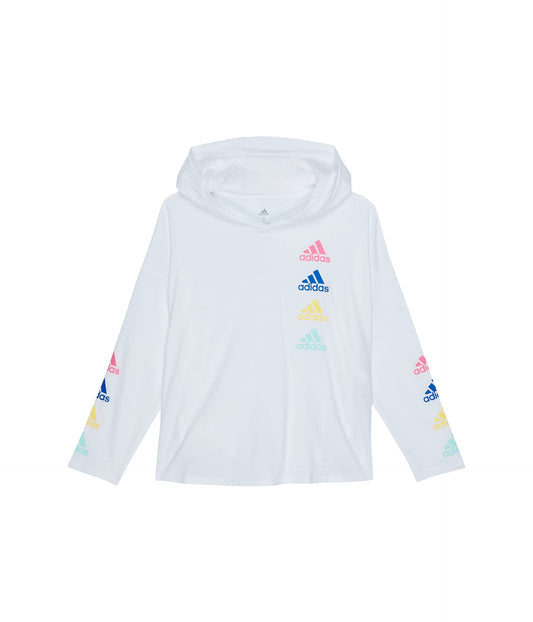 adidas Girls Big Long Sleeve Hooded Graphic Tee Multi Logo/White Large (14)