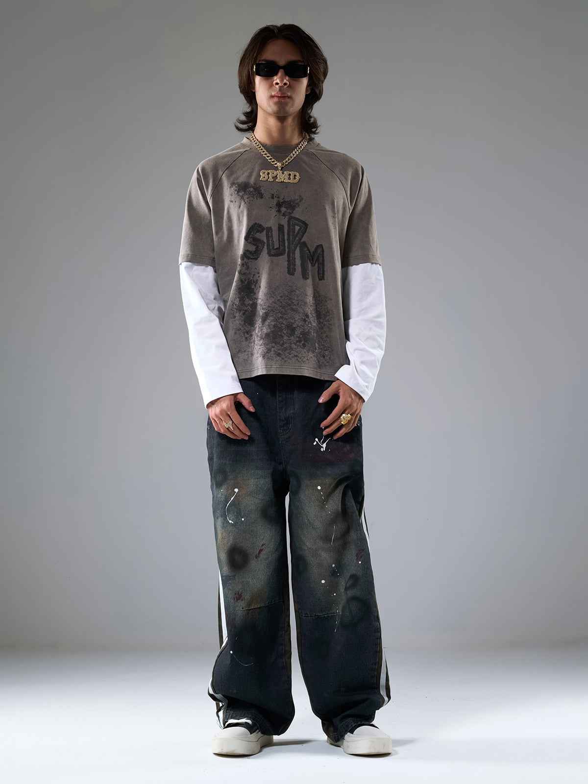 Washed Stripe Patchwork Totem Print Baggy Jeans