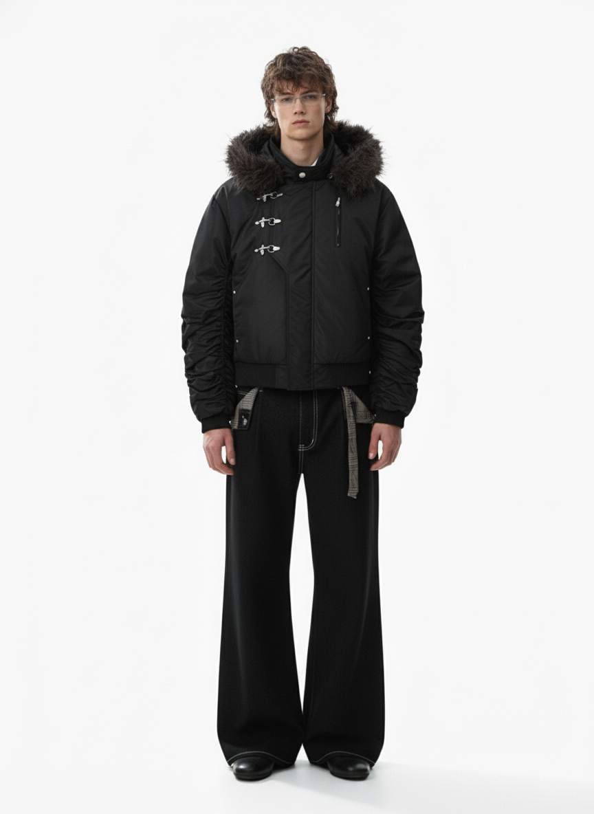 Detachable Faux Fur Collar Ruched Sleeve Bomber Jacket - Luxuryurbanwear
