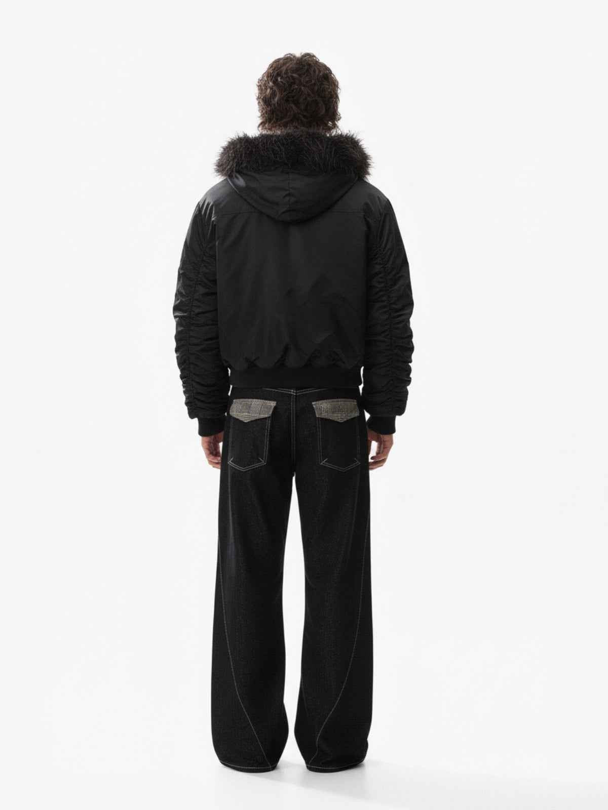 Detachable Faux Fur Collar Ruched Sleeve Bomber Jacket