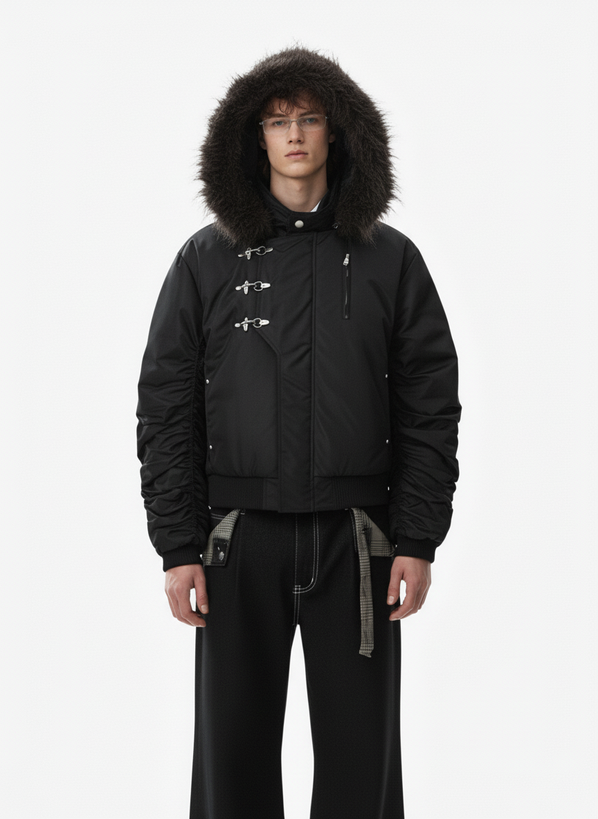 Detachable Faux Fur Collar Ruched Sleeve Bomber Jacket - Luxuryurbanwear
