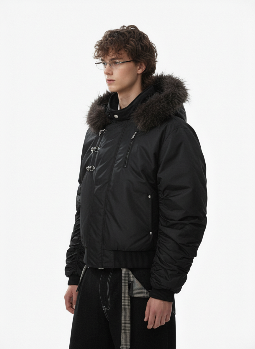 Detachable Faux Fur Collar Ruched Sleeve Bomber Jacket - Luxuryurbanwear