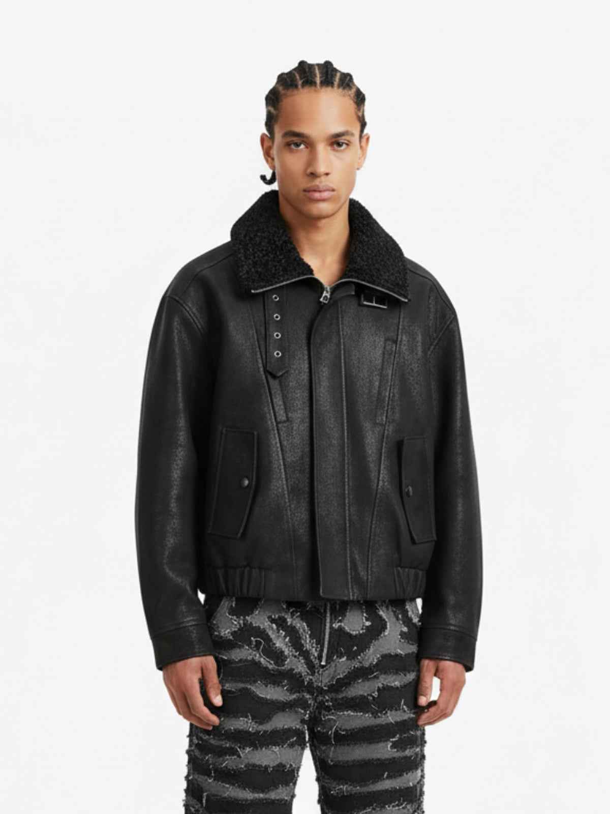 Vintage Faux Fur Collar Patchwork PU Leather Zip Up Jacket