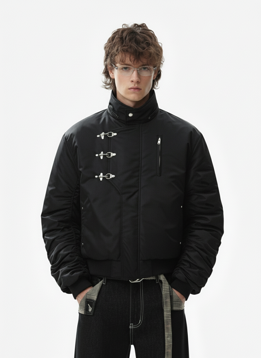 Detachable Faux Fur Collar Ruched Sleeve Bomber Jacket - Luxuryurbanwear