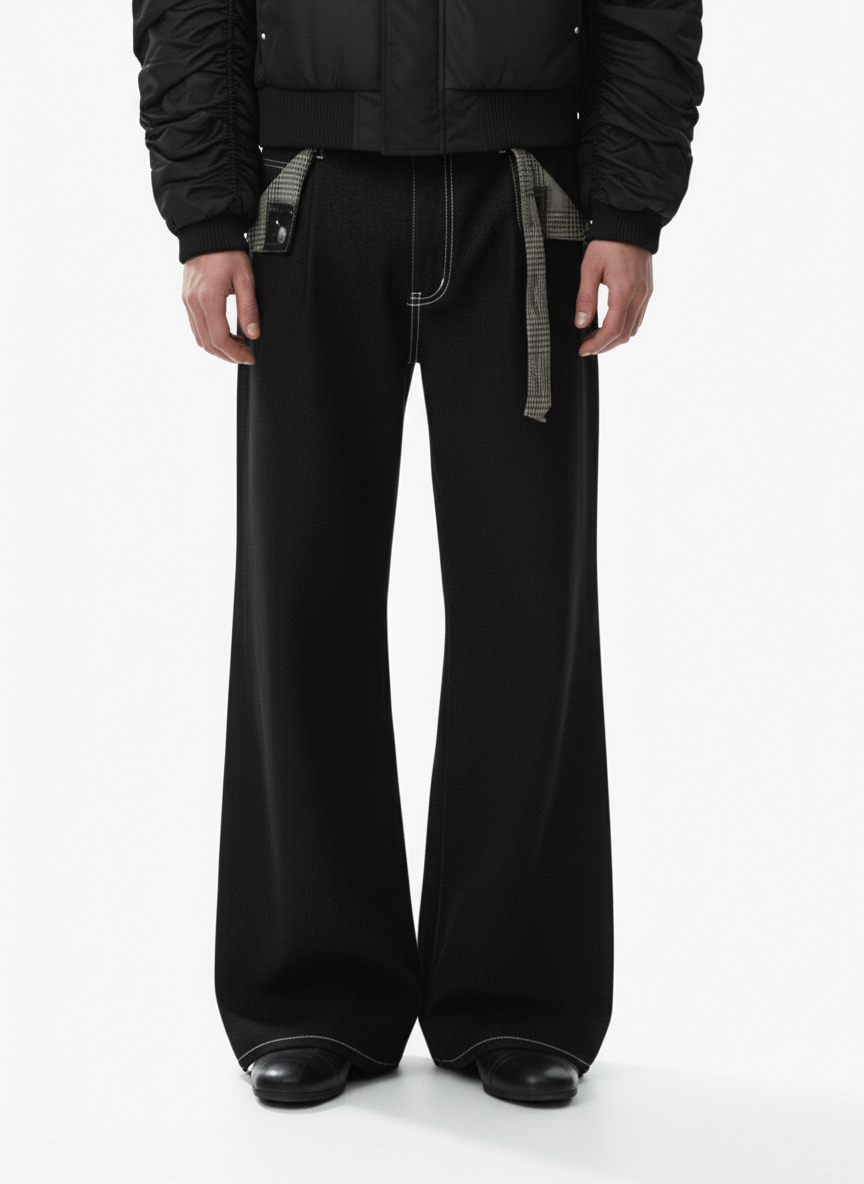 Vintage Plaid-Trim Tape-Belt Jeans - Luxuryurbanwear