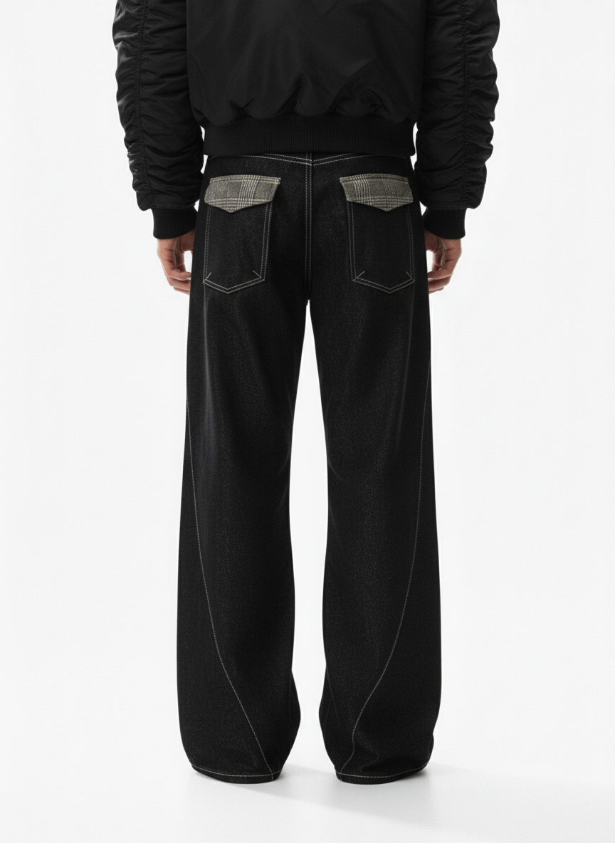 Vintage Plaid-Trim Tape-Belt Jeans - Luxuryurbanwear