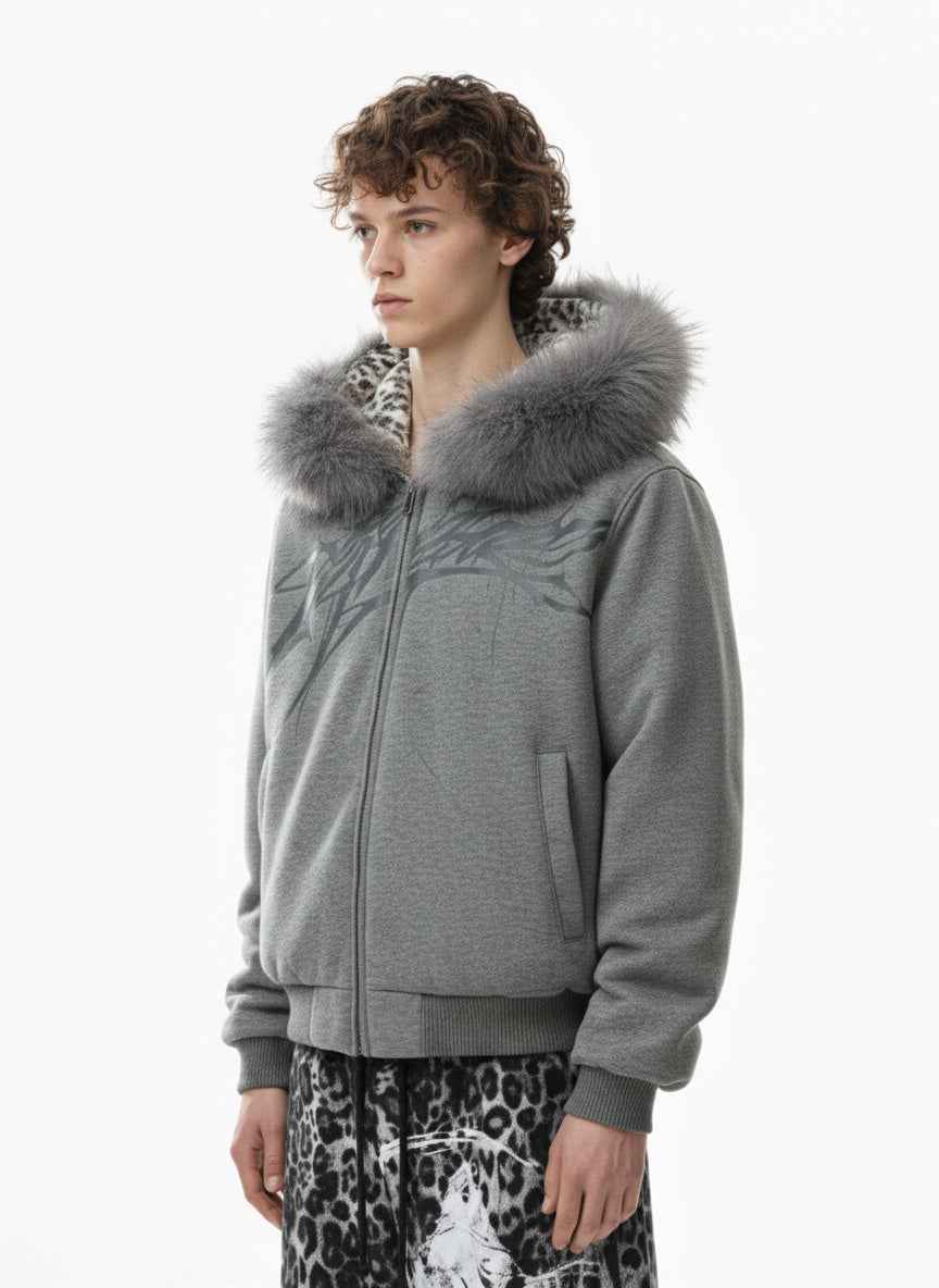 Vintage Faux Fur Hoodedd Leopard Lined Graphic Bomber Jacket