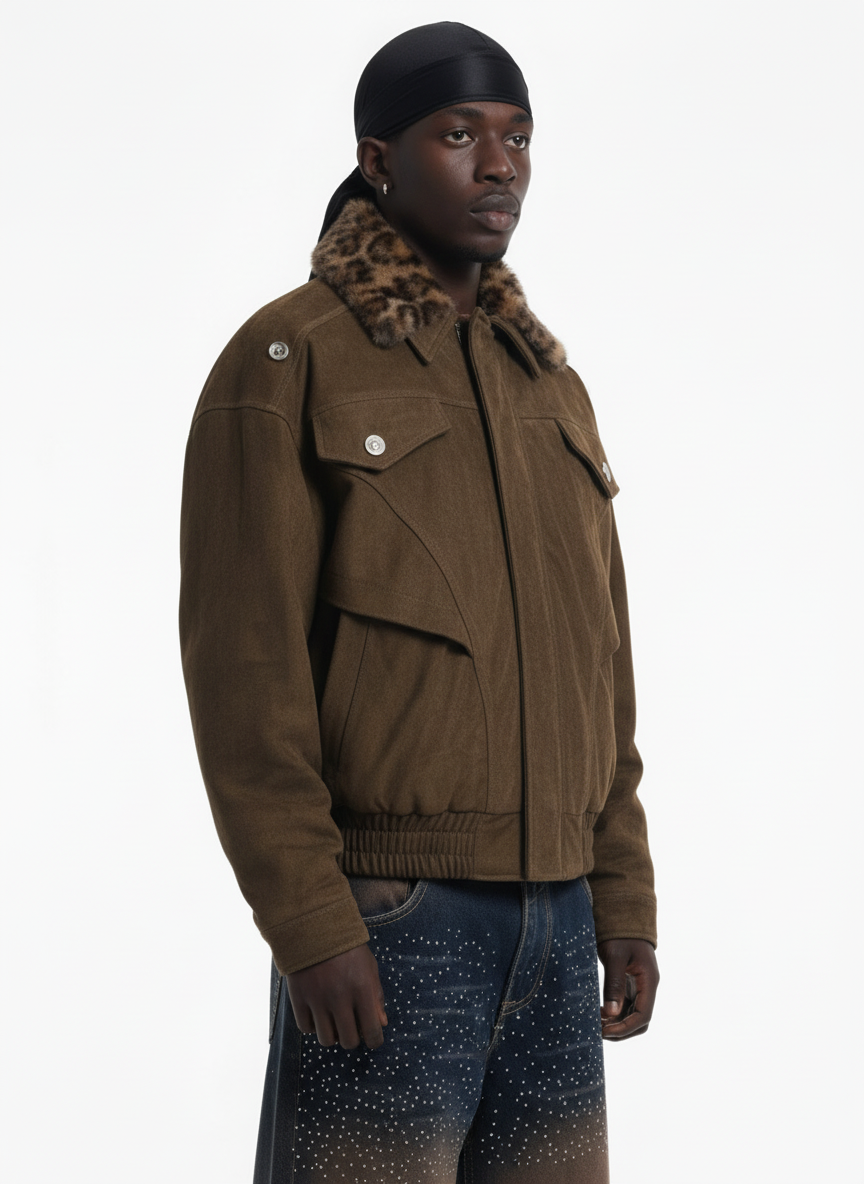 Retro Leopard Fur Collar Padded Bomber Jacket - Luxuryurbanwear