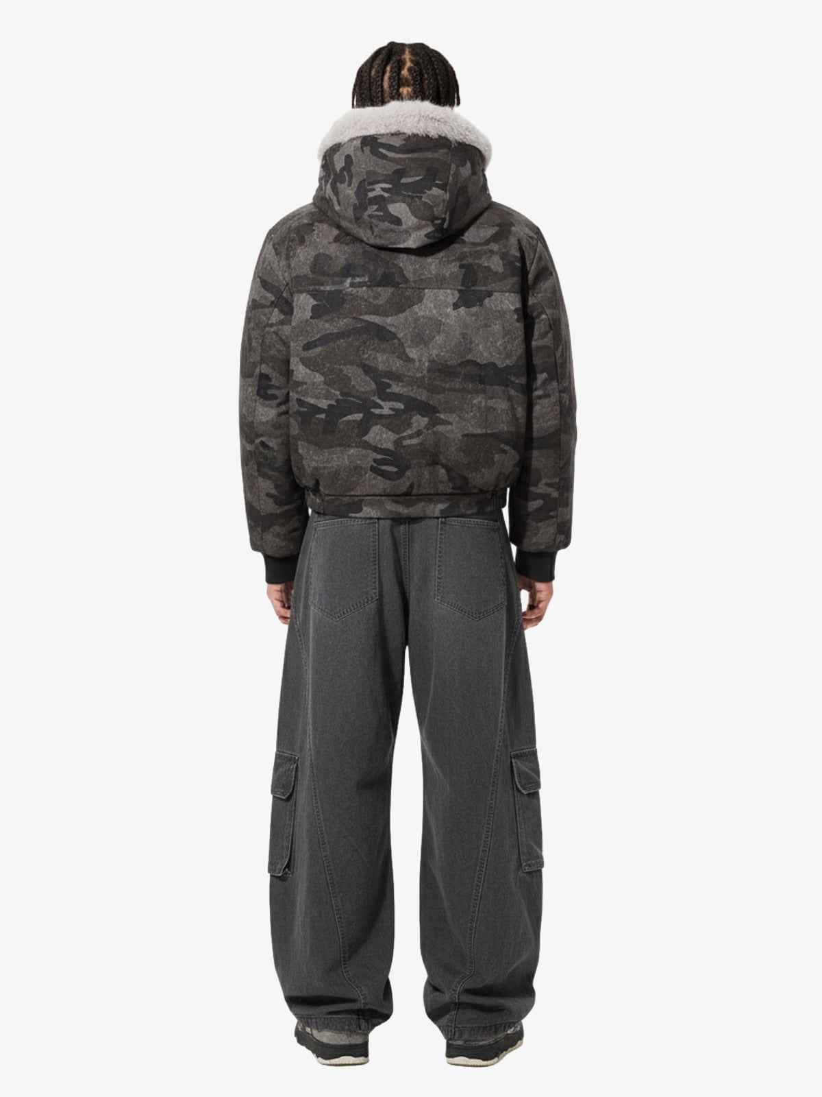 Vintage Camo Faux Fur Hood Padded Bomber Jacket