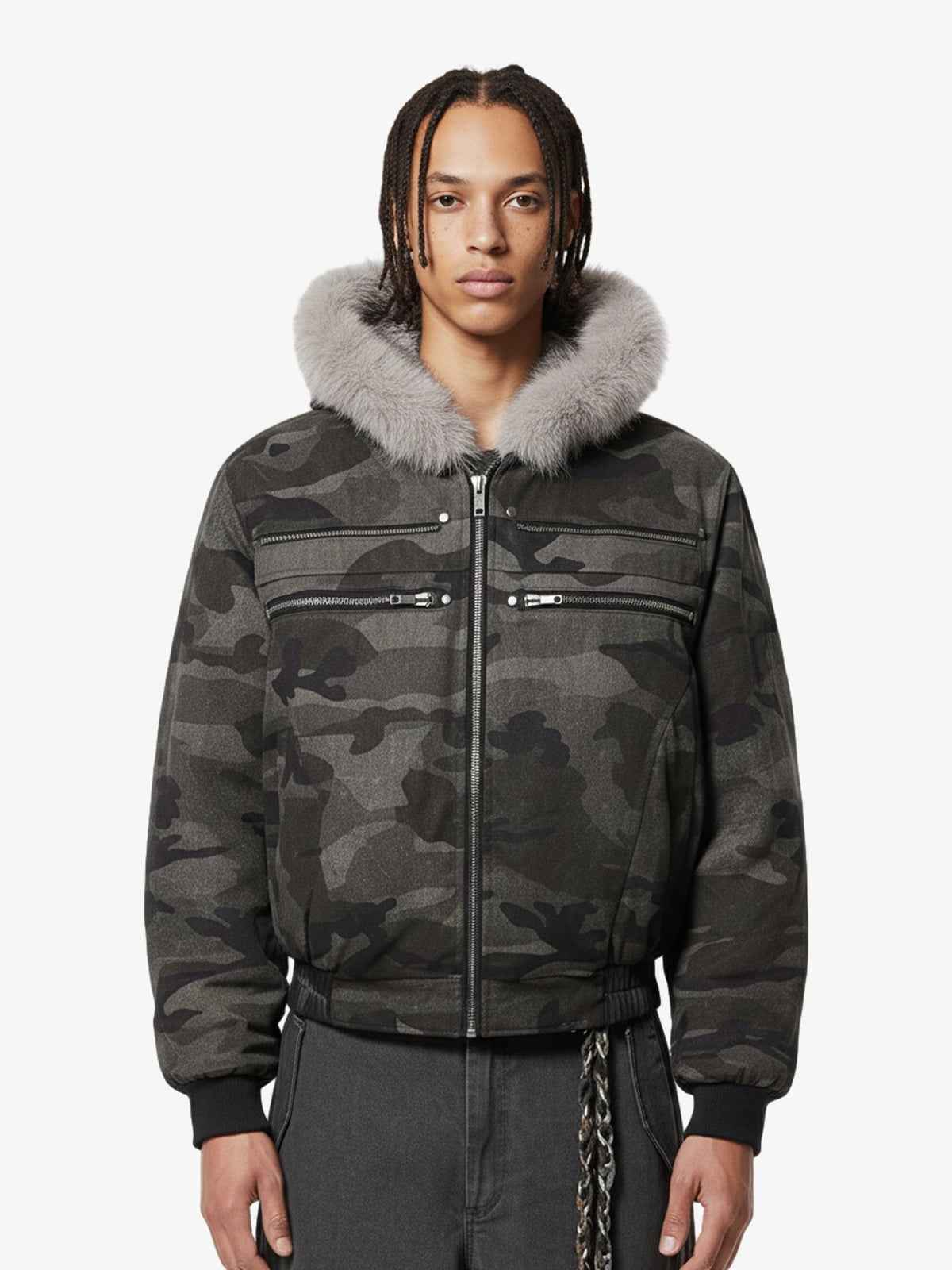 Vintage Camo Faux Fur Hood Padded Bomber Jacket