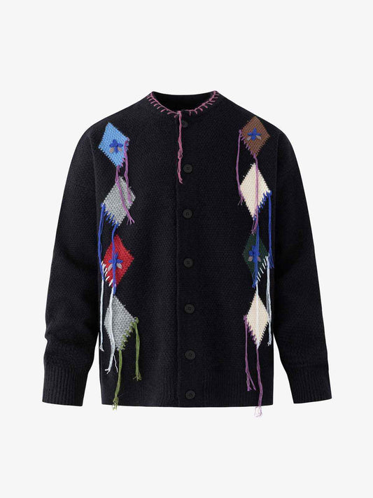 Vintage Patchwork Diamond Knit Fringe Button-Up Cardigan