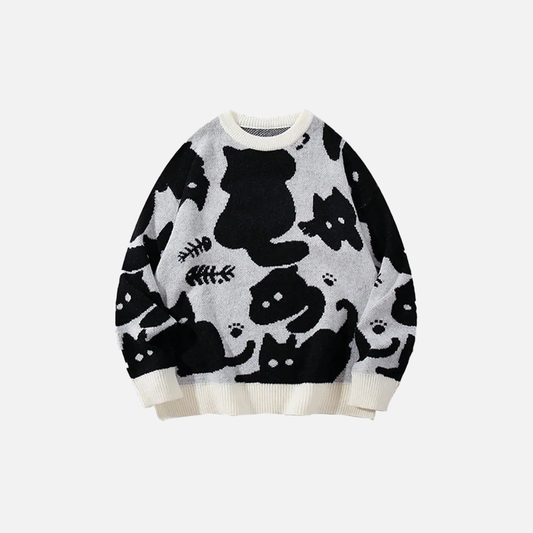 Breathable Black Cat Cartoon Knit Sweater - Luxuryurbanwear