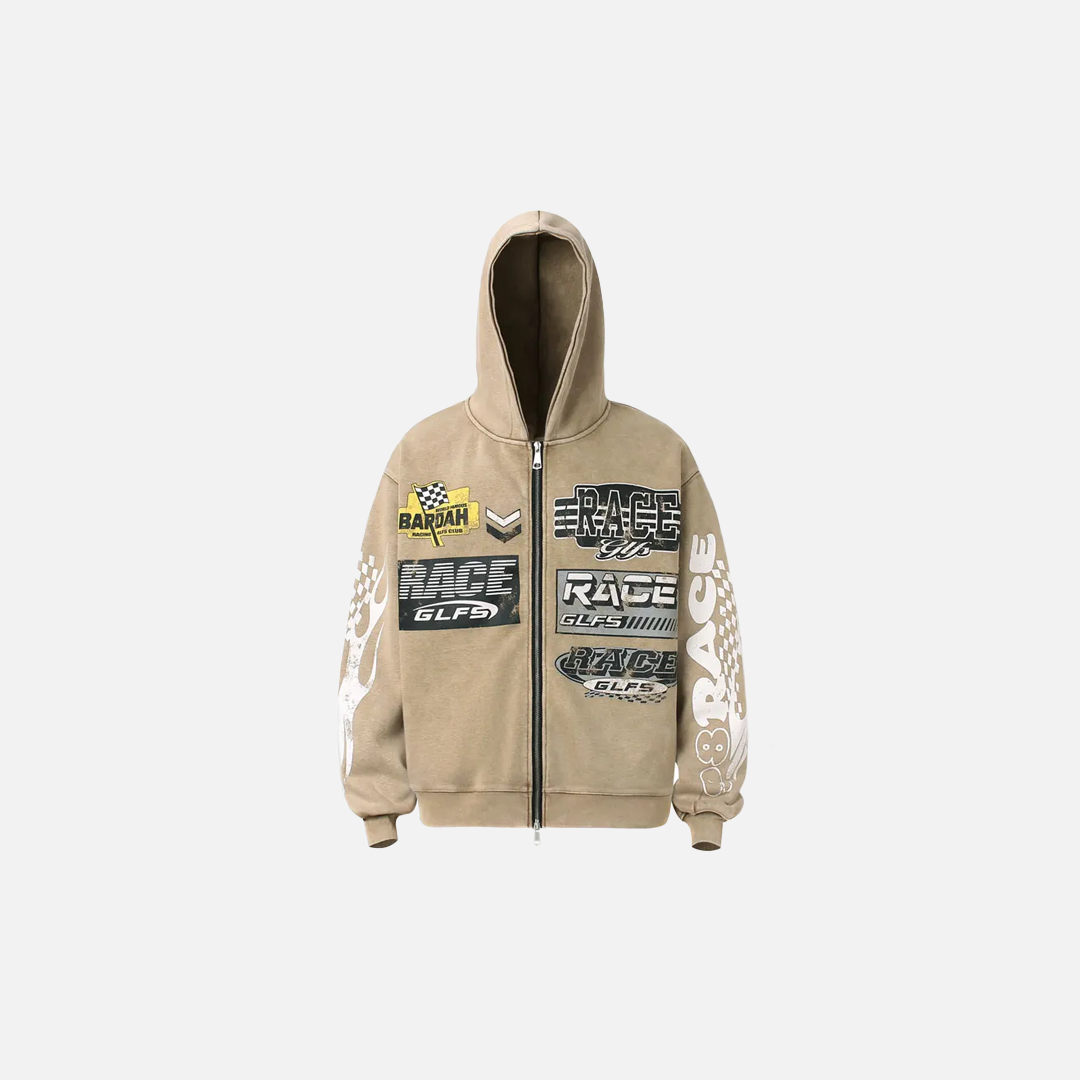 Streetwear Distressed Zip-Up Hooded Race Sweatshirt - Luxuryurbanwear