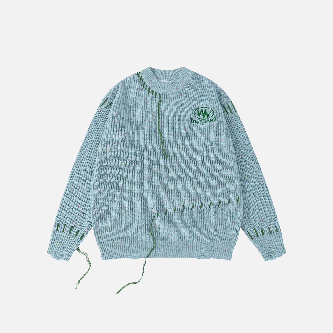 Trendy Embroidered Letter Stitch Rip Crewneck Sweater - Luxuryurbanwear