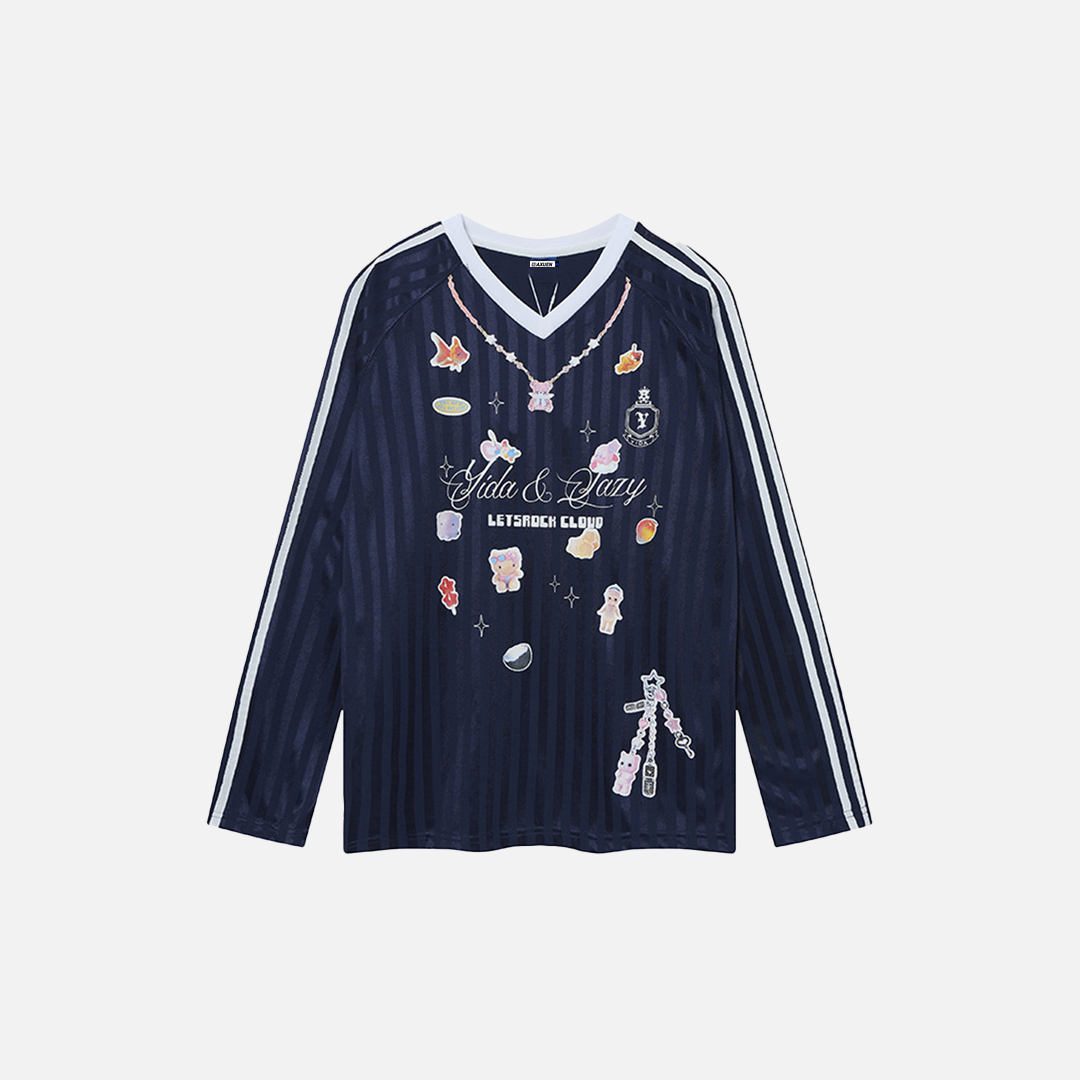 Trendy Cartoon Print V-Neck Long Sleeve T-Shirt - Luxuryurbanwear