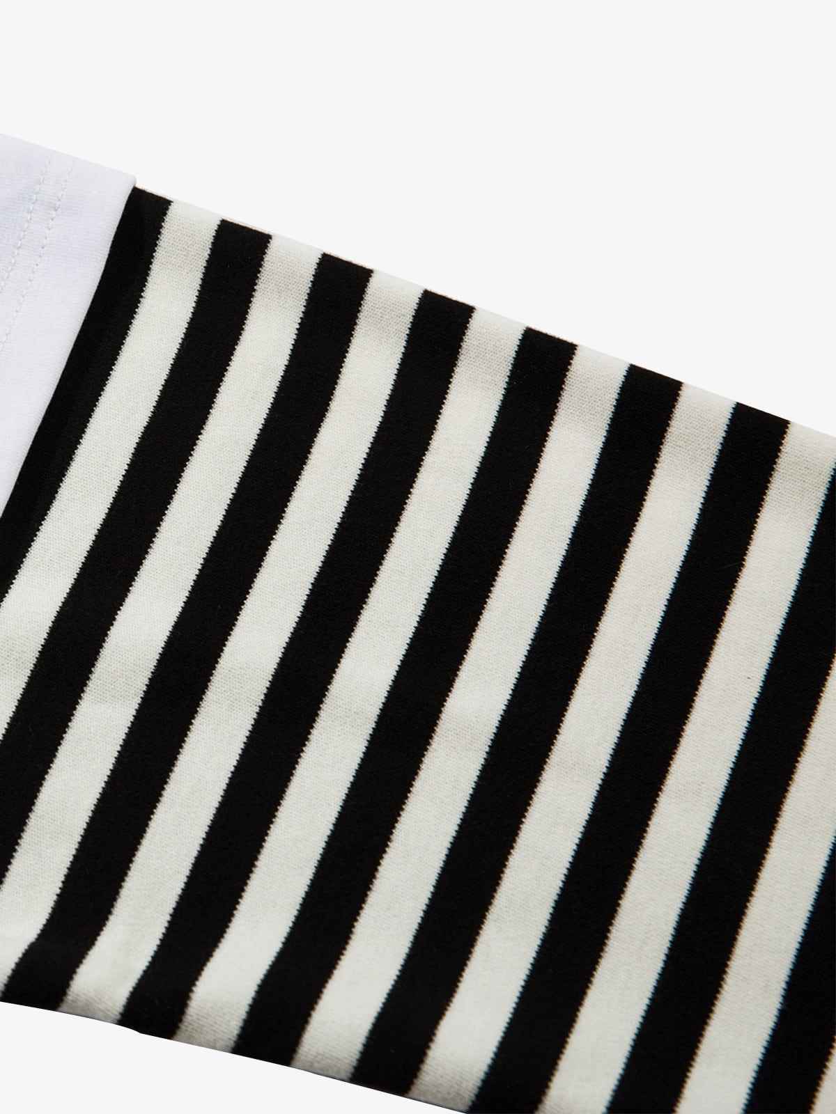 Cartoon Print Striped Sleeve Faux Two-Piece Long-Sleeve T-Shirt