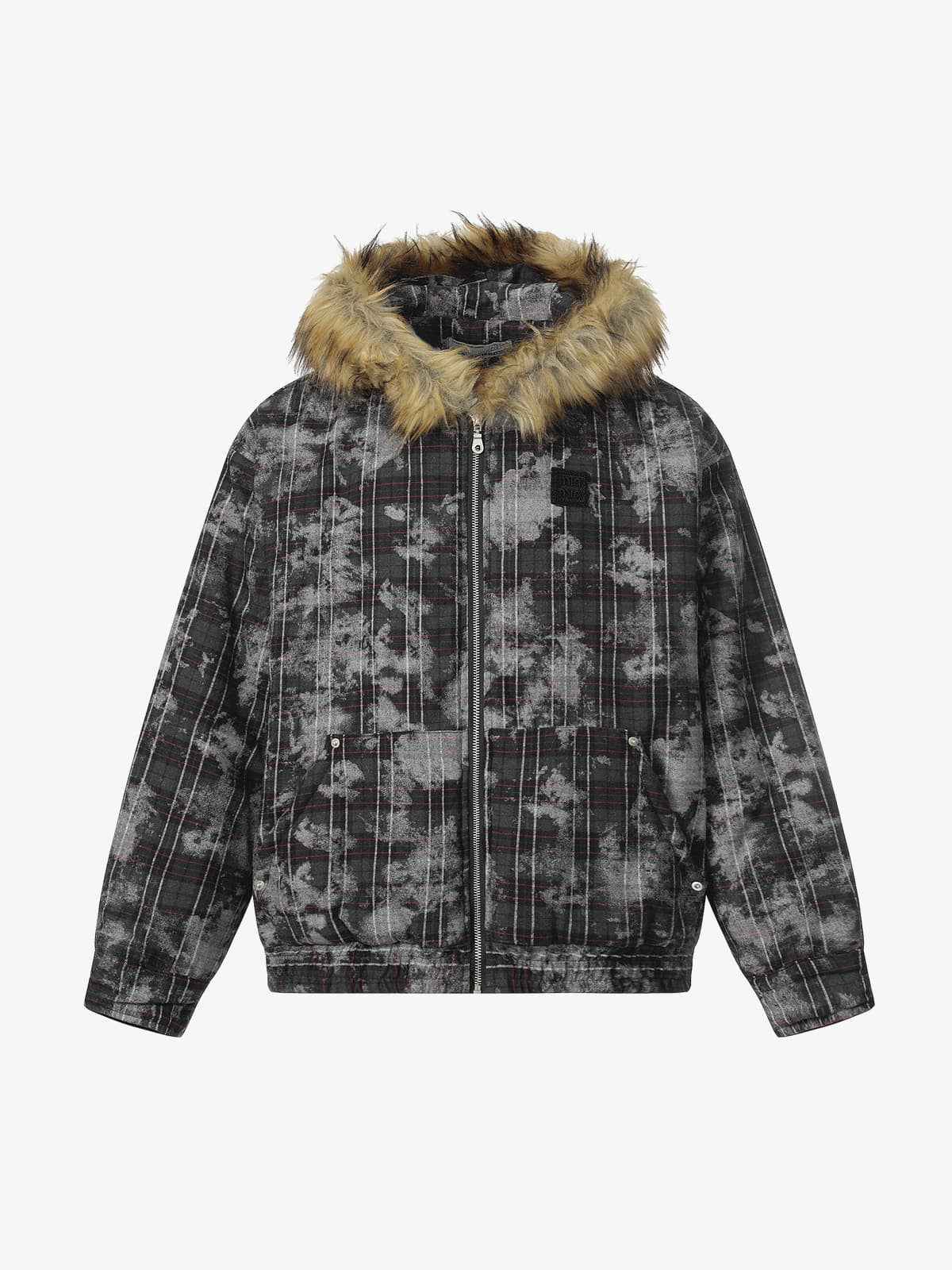 Retro Distressed Plaid Faux Fur Collar Padded Jacket