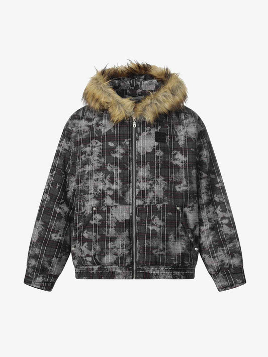 Retro Distressed Plaid Faux Fur Collar Padded Jacket
