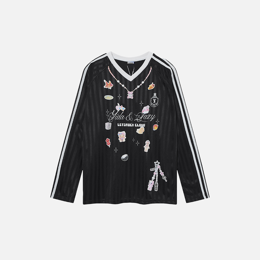 Trendy Cartoon Print V-Neck Long Sleeve T-Shirt - Luxuryurbanwear