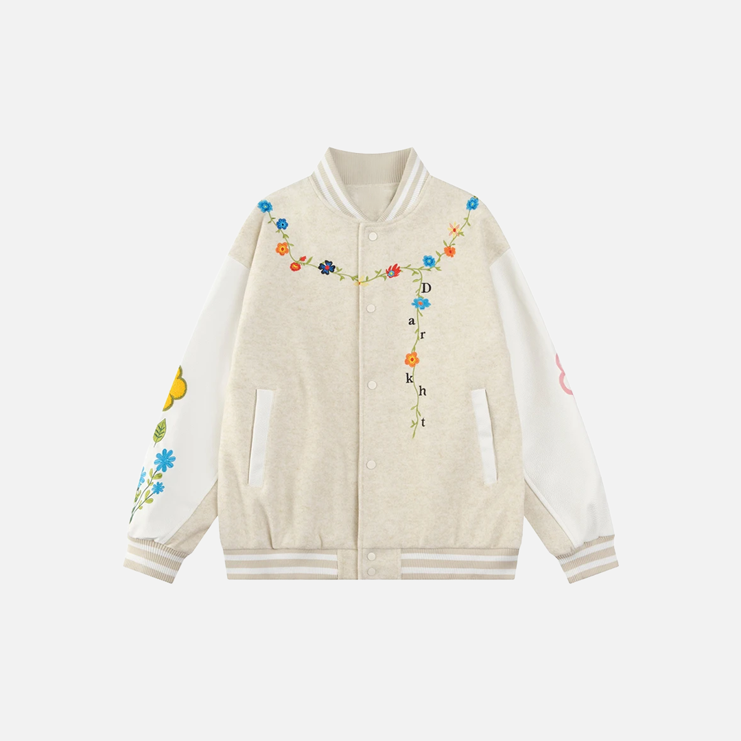 Retro Flower Embroidery Baseball Varsity Jacket - Luxuryurbanwear