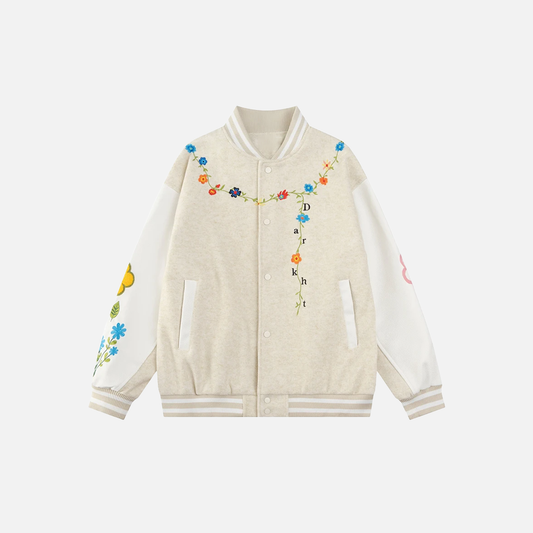 Retro Flower Embroidery Baseball Varsity Jacket - Luxuryurbanwear