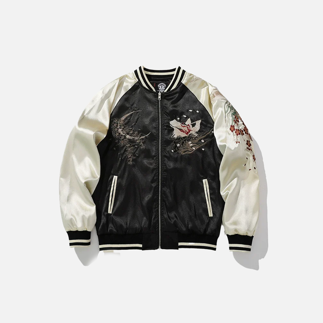 Streetwear Floral Fox Embroidered Loose Varsity Jacket - Luxuryurbanwear