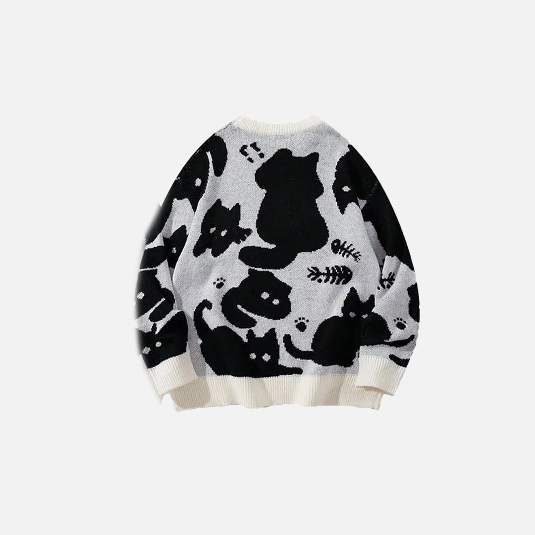 Breathable Black Cat Cartoon Knit Sweater - Luxuryurbanwear