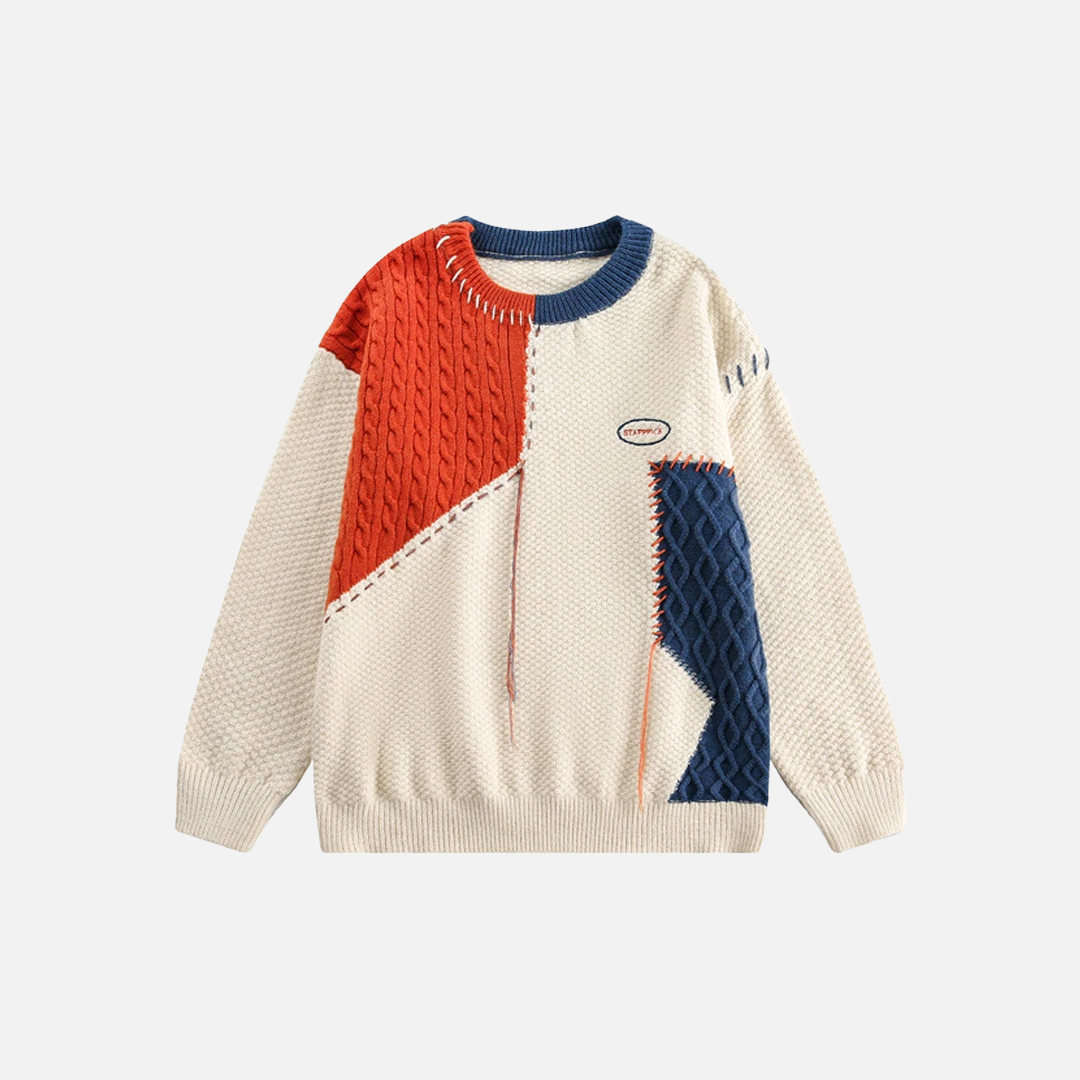 Elevated Cozy Color Block Patchwork Knit Sweater - Luxuryurbanwear