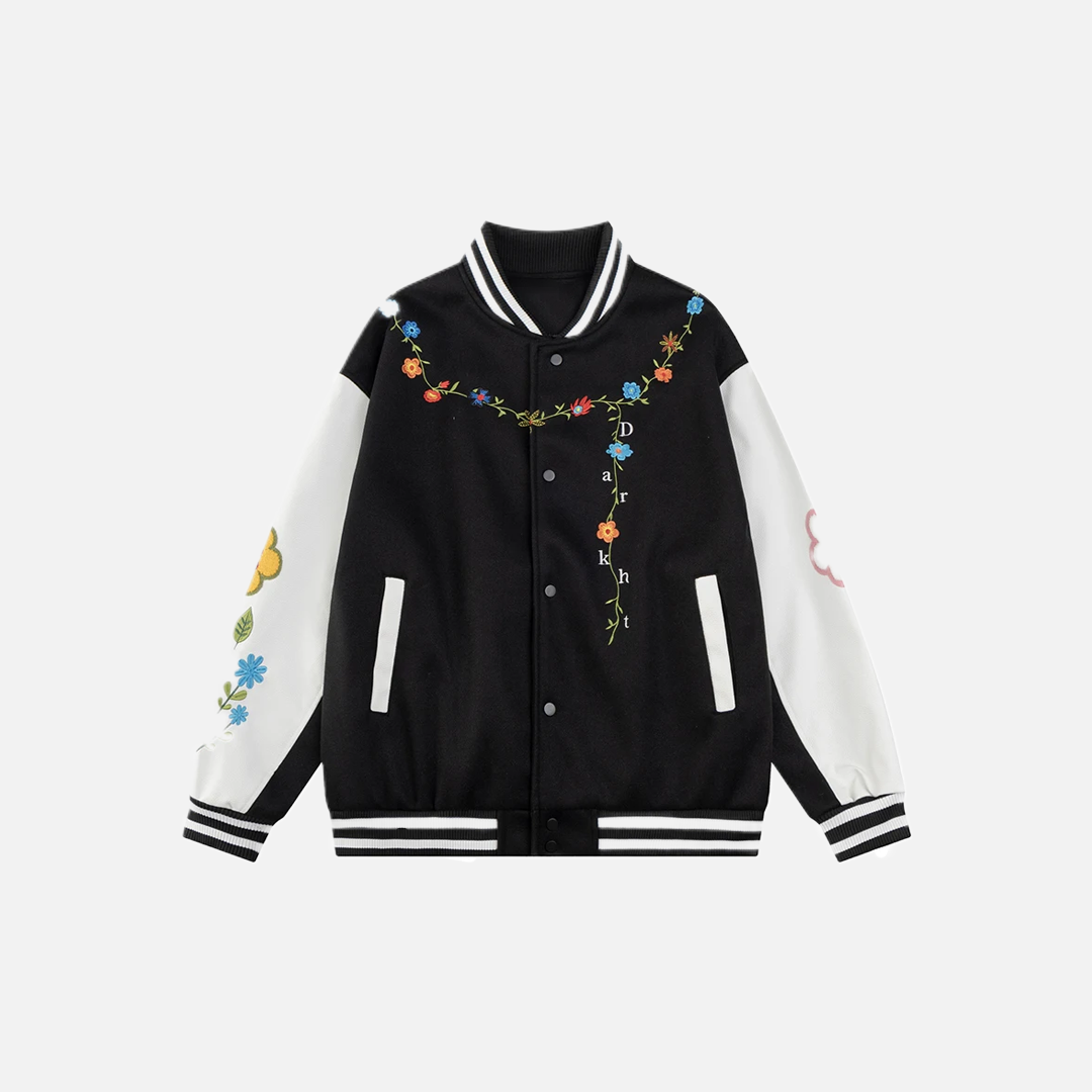 Retro Flower Embroidery Baseball Varsity Jacket - Luxuryurbanwear