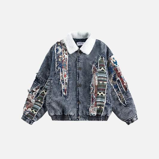 Y2K Thick Winter Patchwork Denim Jacket - Luxuryurbanwear