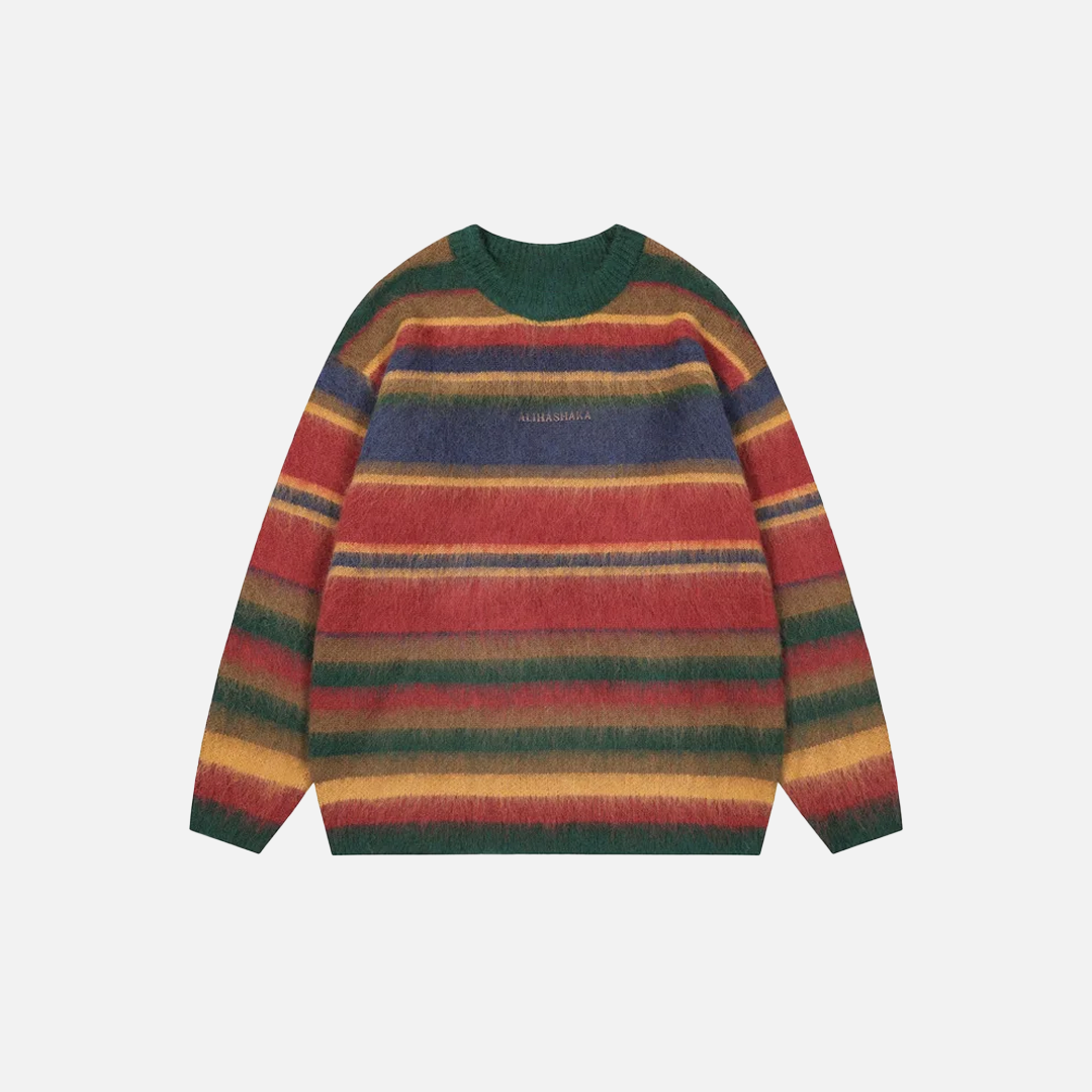 Rainbow Fluffy Oversized Striped Fuzzy Sweater - Luxuryurbanwear