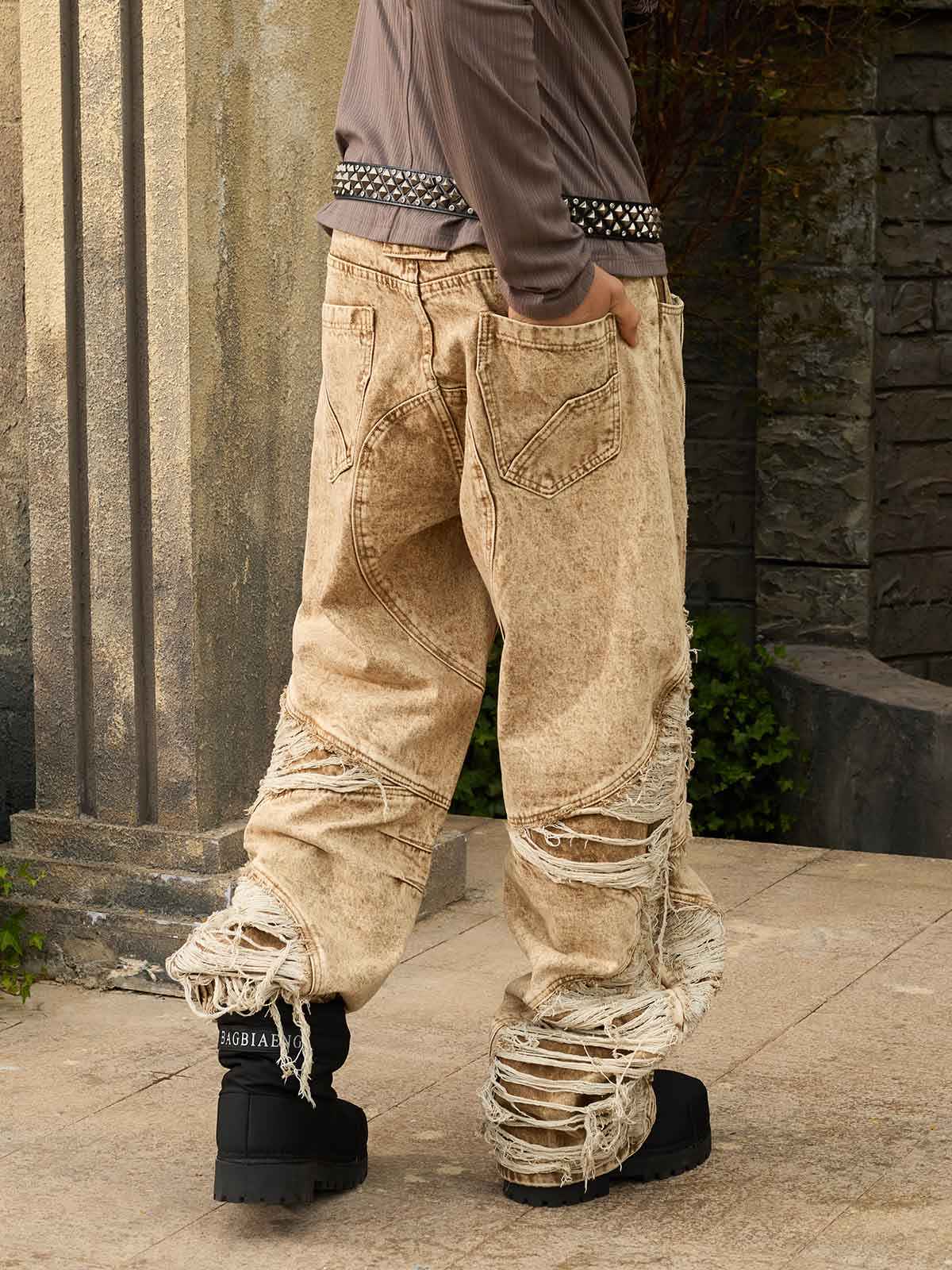 Distressed Raw-Edge Panel Sculpted Wide-Leg Jeans
