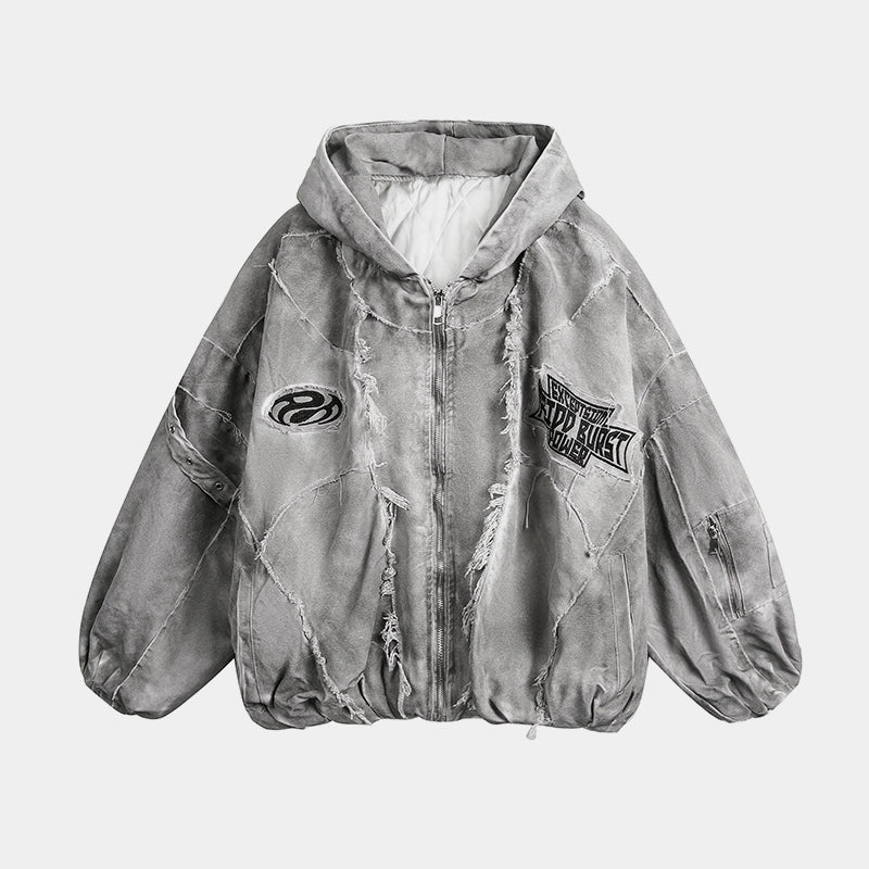 Archive Distressed Embroidered Padded Jacket - Premium Hooded Edition | LuxuryUrbanwear - Luxuryurbanwear