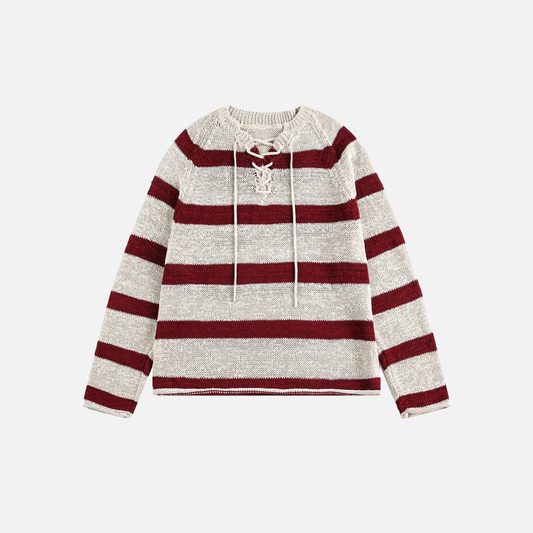 Y2K Plush Striped Lace Up Knitted Sweater - Luxuryurbanwear