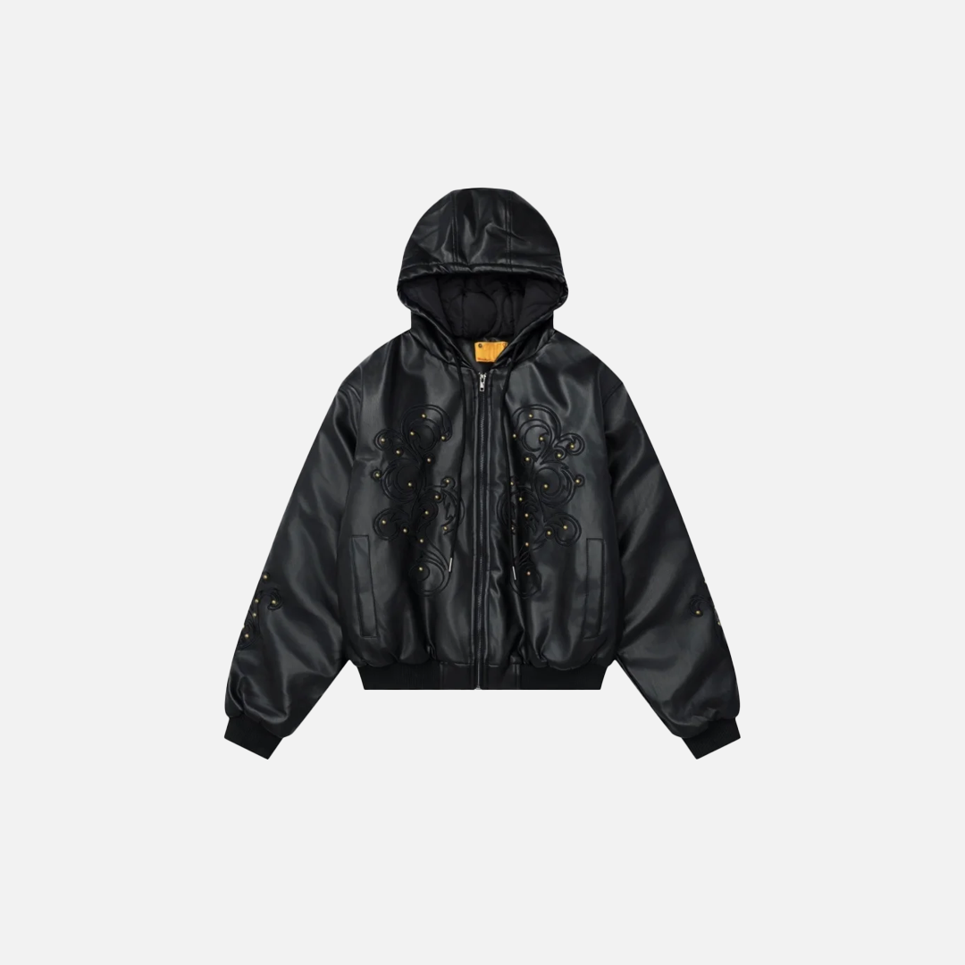 Retro Rivets Embroidery PU Leather Hooded Jacket - Luxuryurbanwear