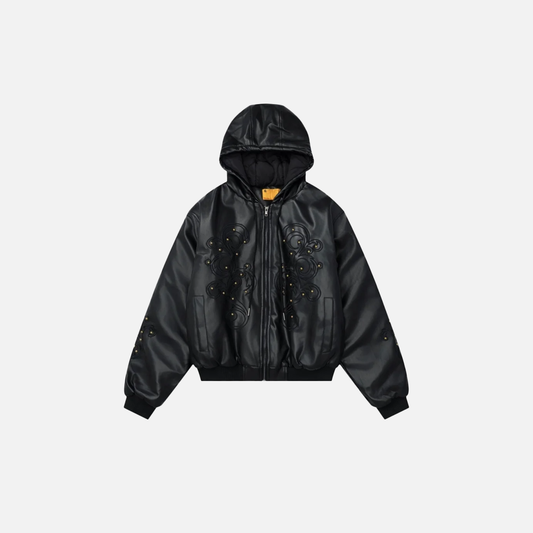 Retro Rivets Embroidery PU Leather Hooded Jacket - Luxuryurbanwear