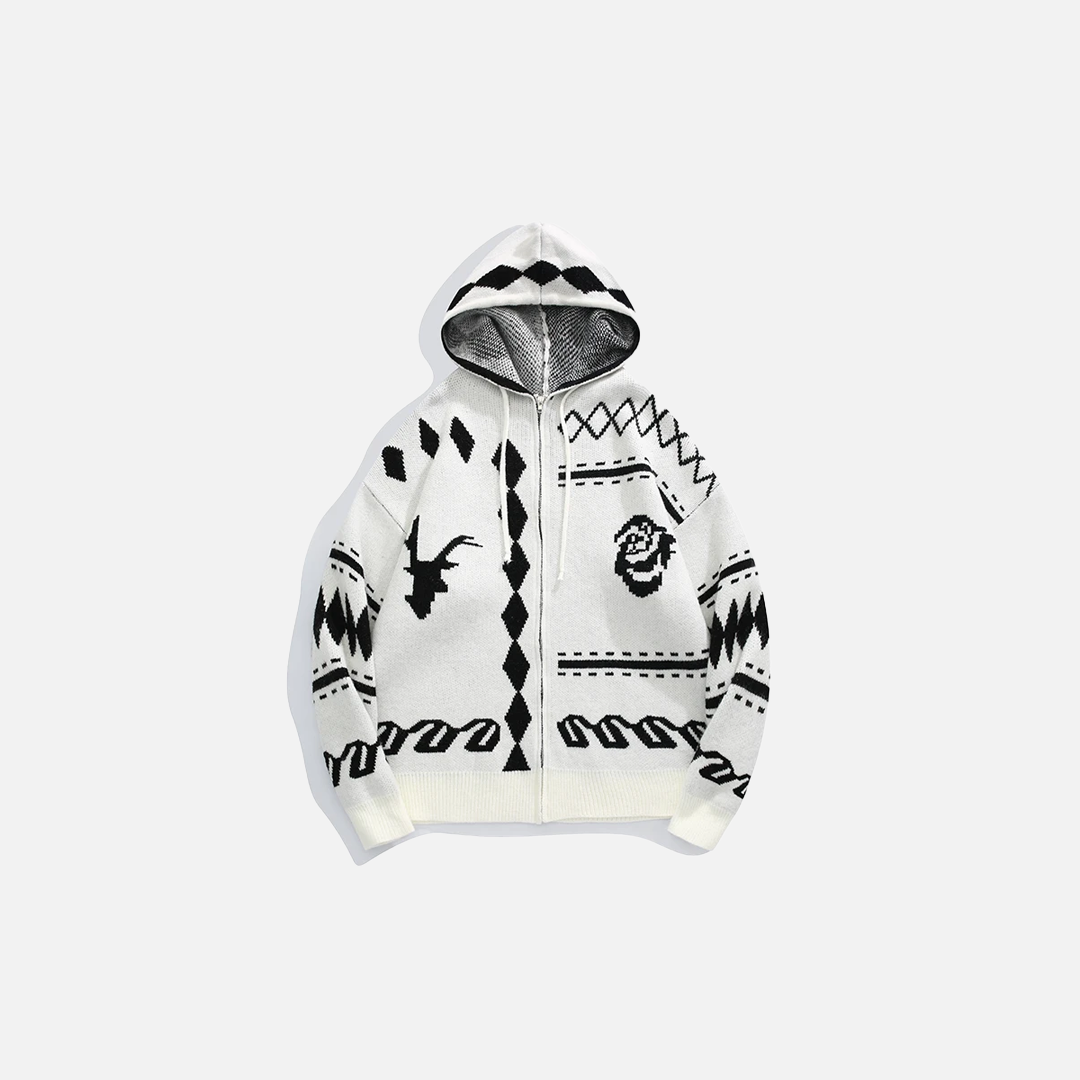 Cozy Retro Jacquard Zipper Hooded Cardigan - Luxuryurbanwear
