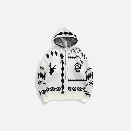 Cozy Retro Jacquard Zipper Hooded Cardigan - Luxuryurbanwear