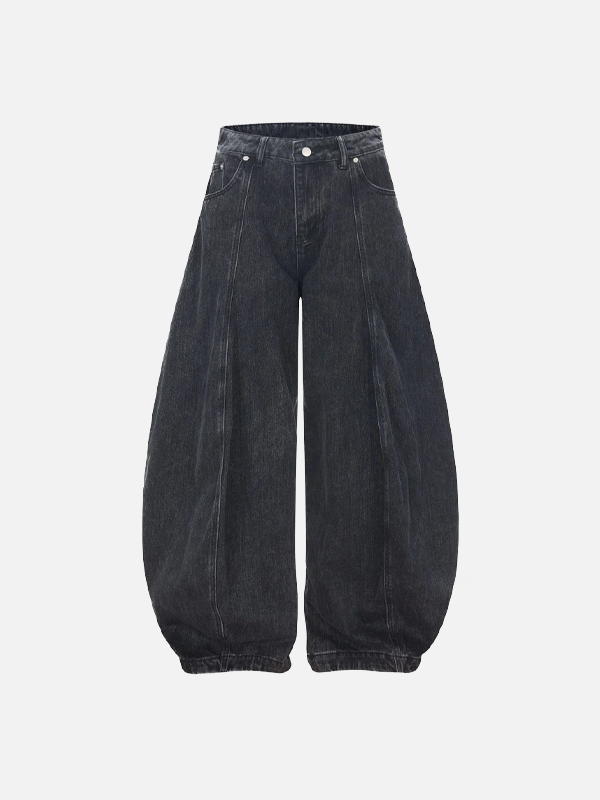 Distressed Pleated Wide Leg Banana Denim Jeans - Luxuryurbanwear