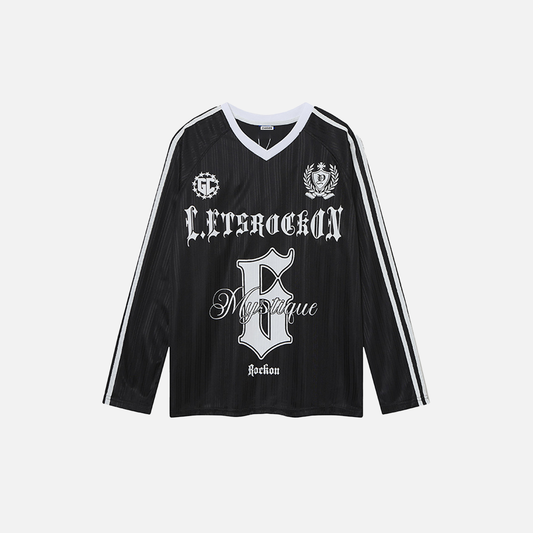 Gothic Print Long Sleeve V-Neck Polyester T-Shirt - Luxuryurbanwear