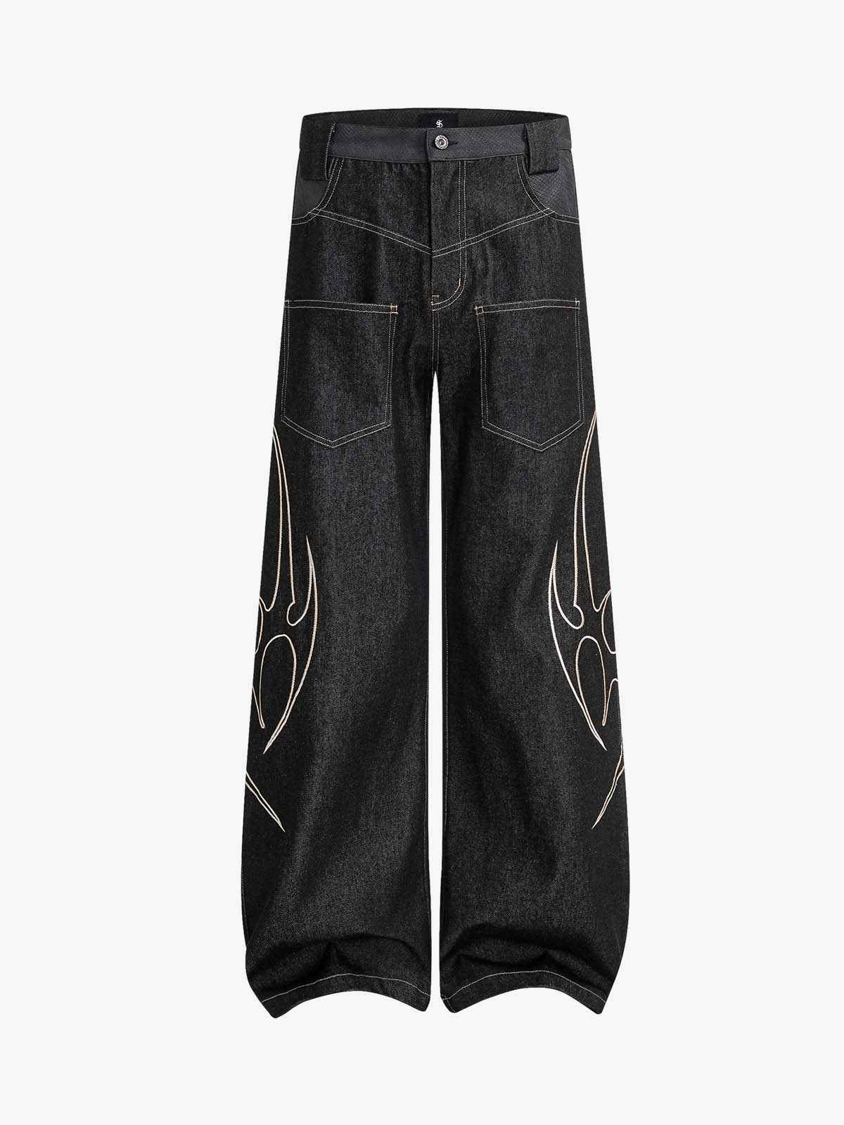 Flame Embroidered Wide Leg Washed Denim Jeans